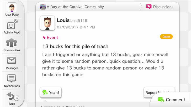 One user comments that he would prefer to give 13 dollars to another person rather than spend 13 dollars on A Day at the Carnival.
